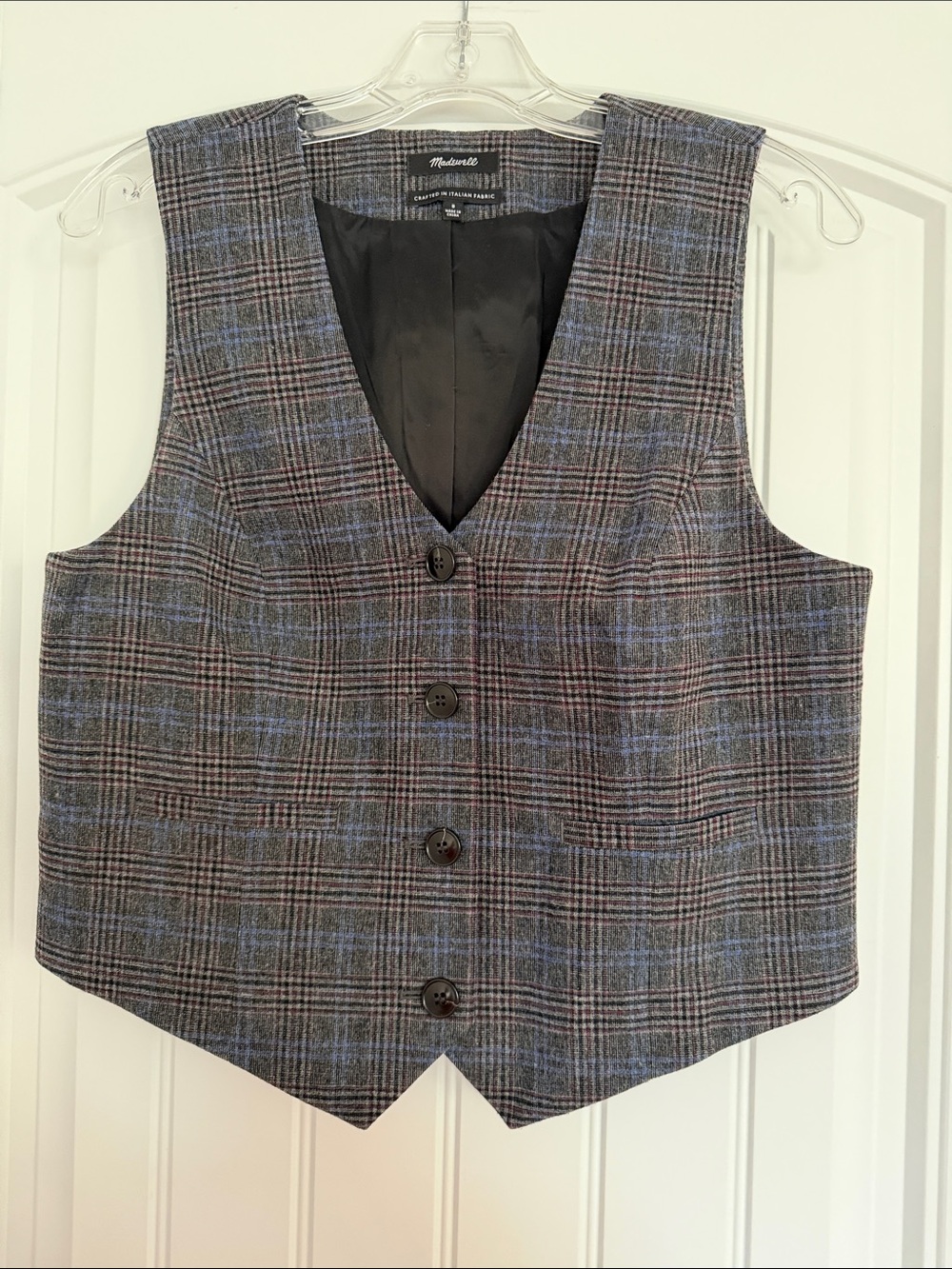 Madewell Wool-Blend Plaid Vest in Gray with Blue Accents
